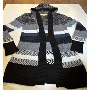 Roxy Hooded Open Front Cardigan Sweater Black White Blue Striped Knit Medium